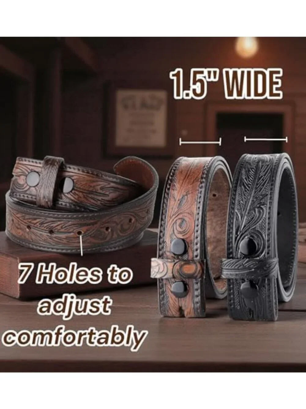 Classic Men's No-Buckle Leather Belt - 100% Full Grain, Western Casual 2-Pack